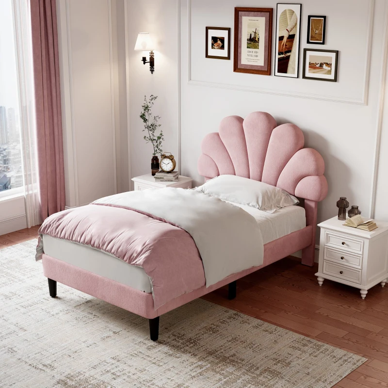3FT Single Upholstered Velvet Bed Frame with Adjustable Petal Headboard, No Box Spring Needed, Easy Assembly, 194L x 107W x 107H cm, Pink