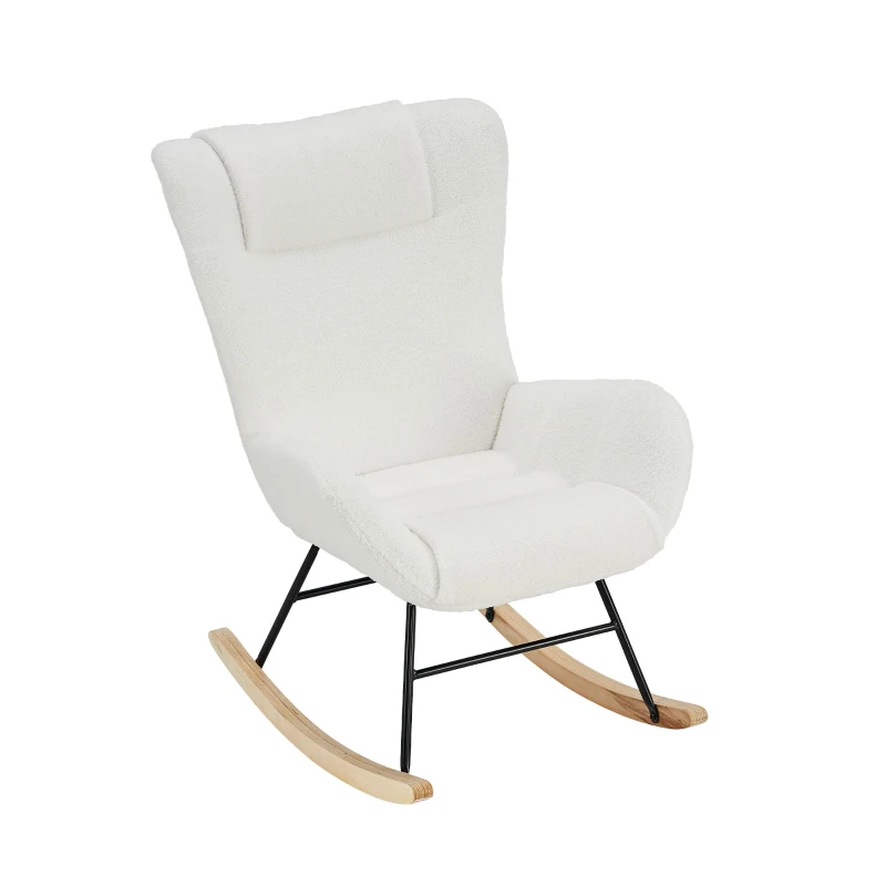 Fauteuil à bascule de loisirs avec dossiers ergonomiques et accoudoirs porteurs, en velours Teddy confortable, Blanc