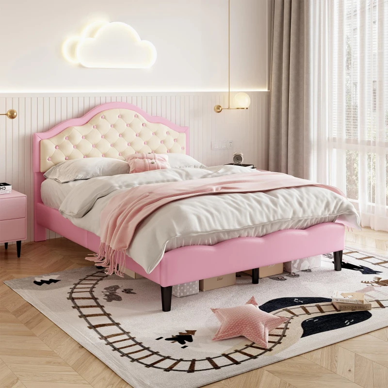 Button-Tufted High Headboard Bed with Solid Wood Slat, Pink Double Bed for Bedroom, Easy Assembly, 199.5L x 139W x 110H cm, Beige+Pink