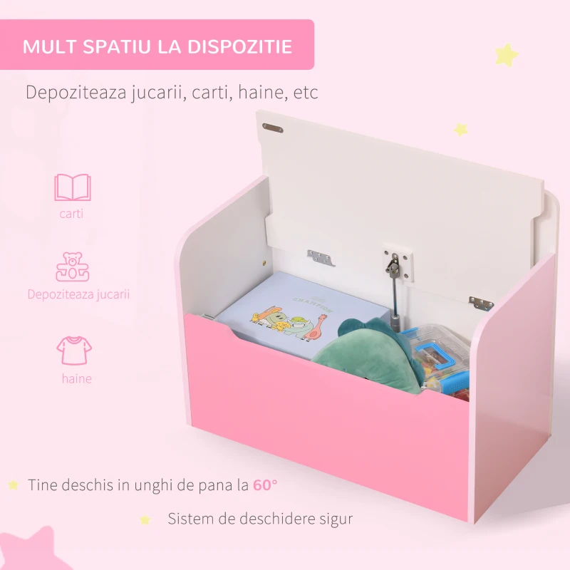 HOMCOM Bancă Depozitare Jucării 2 în 1 din Lemn, Ladă de Depozitare cu Spătar pentru Copii de 3-6 Ani, 60x30x50 cm, Roz