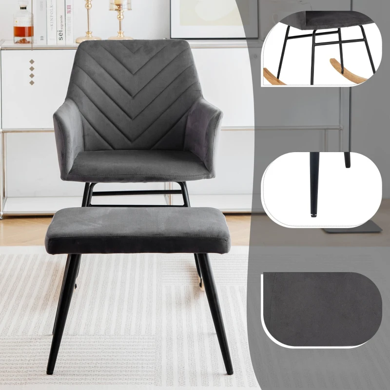 Fauteuil à bascule 84 cm de hauteur avec une assise de 43 cm de largeur, inclus repose-pieds 51,5x40x39 cm, cadre en bois d'hévéa robuste, ergonomiquement conçu, Gris