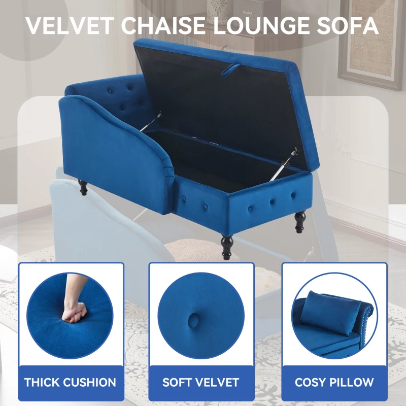 Velvet Upholstered Chaise Sofa Bed with Storage, Pillow, Nailhead-Trim, Button-Tufted Lounge Chair, 144L x 62W x 69H cm, Blue