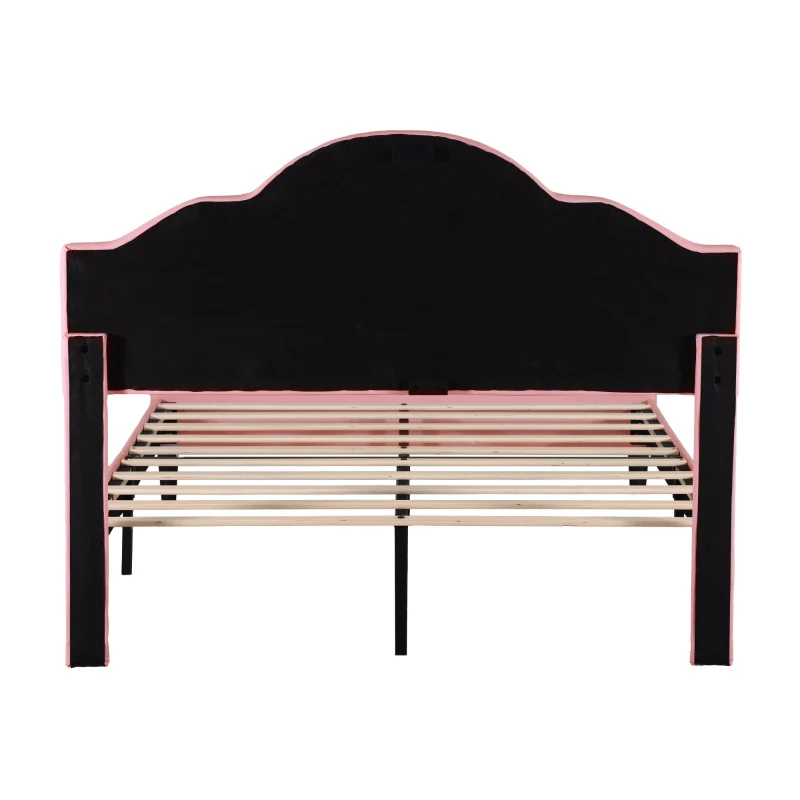 Button-Tufted High Headboard Bed with Solid Wood Slat, Pink Double Bed for Bedroom, Easy Assembly, 199.5L x 139W x 110H cm, Beige+Pink