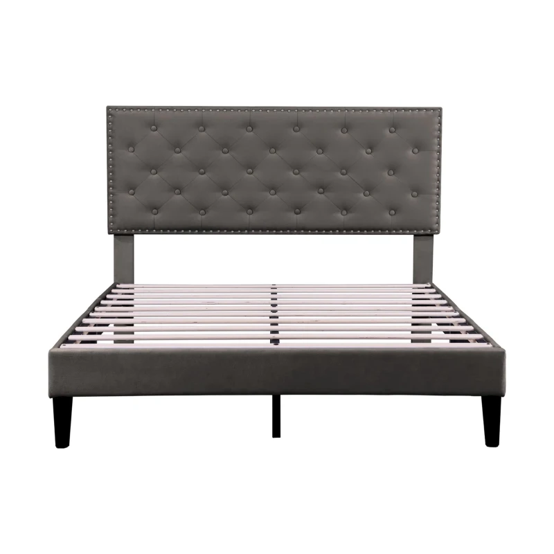 Upholstered Bed Frame with Adjustable Button-Tufted Headboard, Solid Wood Slats, Easy Assembly, 193L x 141W x 110H cm, Grey
