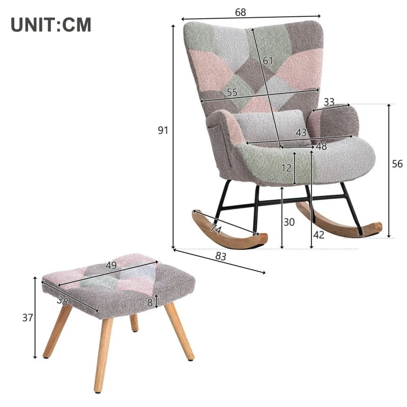 Schaukelstuhl mit Hocker, ergonomisch, Holzgestell, 91 cm hoch, Babyzimmer, Baby, Bunt
