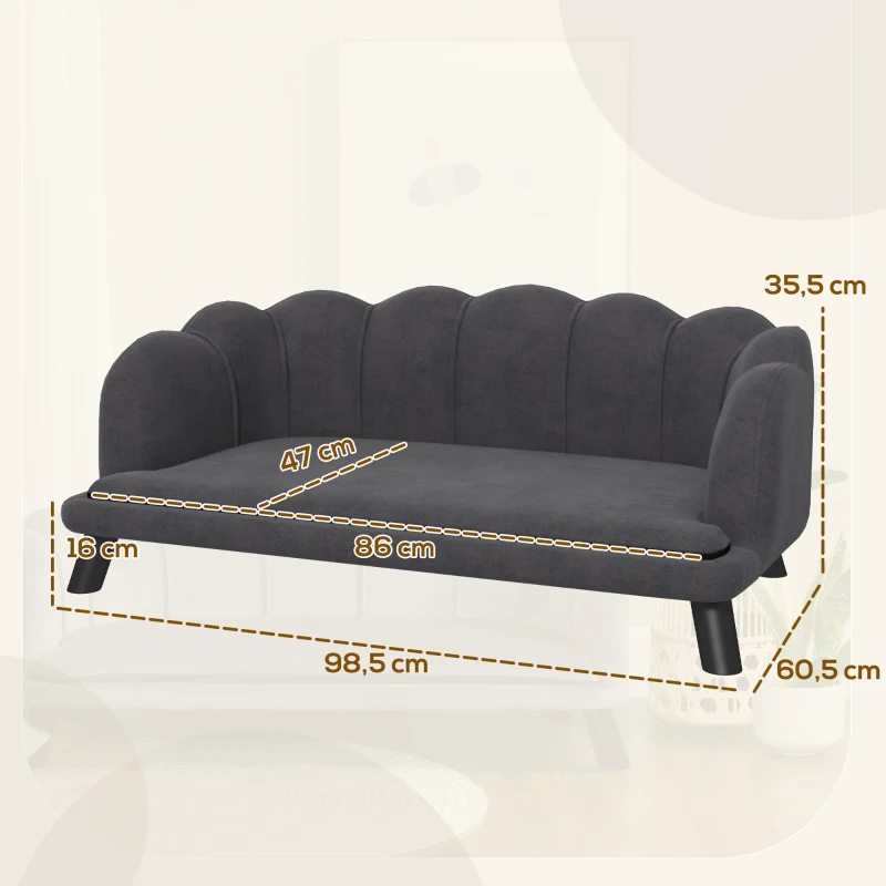 PawHut Sofá para Cães Médios Sofá Cama para Animais de Estimação em Veludo com Pés de Madeira 98,5x60,5x35,5 cm Cinza Escuro