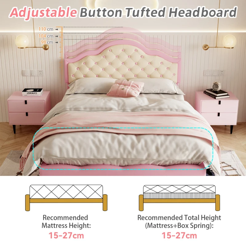 Button-Tufted High Headboard Bed with Solid Wood Slat, Pink Double Bed for Bedroom, Easy Assembly, 199.5L x 139W x 110H cm, Beige+Pink