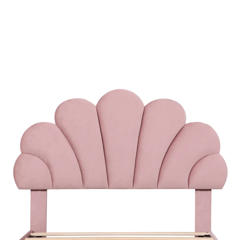 3FT Single Upholstered Velvet Bed Frame with Adjustable Petal Headboard, No Box Spring Needed, Easy Assembly, 194L x 107W x 107H cm, Pink