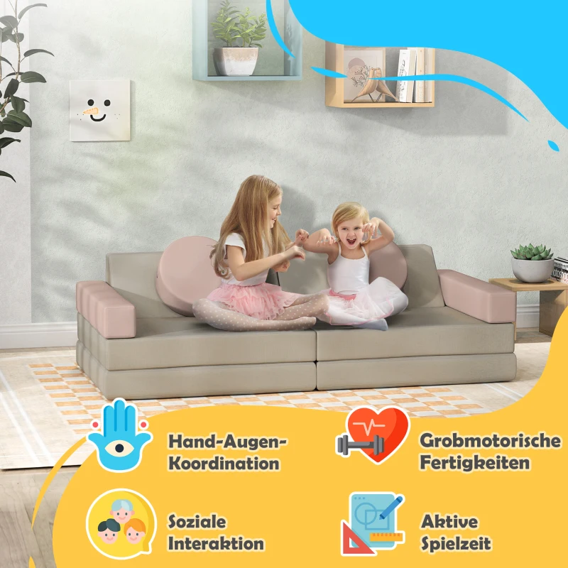 AIYAPLAY Modułowa sofa dla dzieci, 12 miękkich bloków w 6 kształtach, pokrowce do prania, szary/różowy