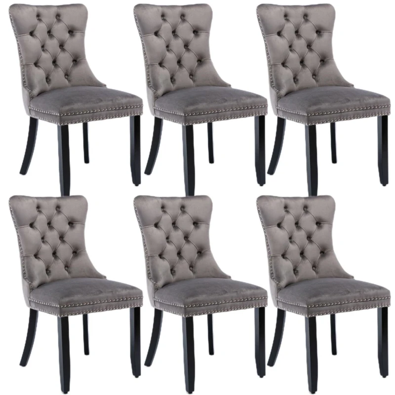 Modern Velvet Dining Chairs Set of 6 with Wooden Legs, Tufted Backrest, Accent Chairs for Dining Room, Living Room, 51L x 63.5W x 98H cm, Grey