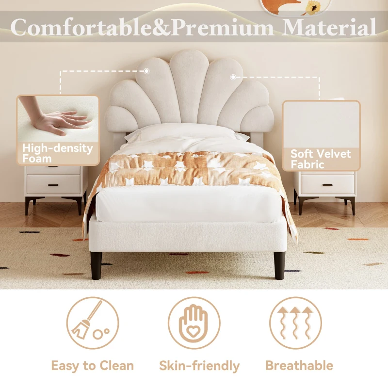 3FT Single Upholstered Velvet Bed Frame with Adjustable Petal Headboard, No Box Spring Needed, Easy Assembly, 194L x 107W x 107H cm, Beige