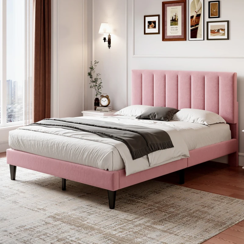 Double Upholstered Velvet Bedstead with Adjustable Tufted Headboard, Solid Wood Slats, Noise-Free Design, 194L x 140W x 110H cm, Pink
