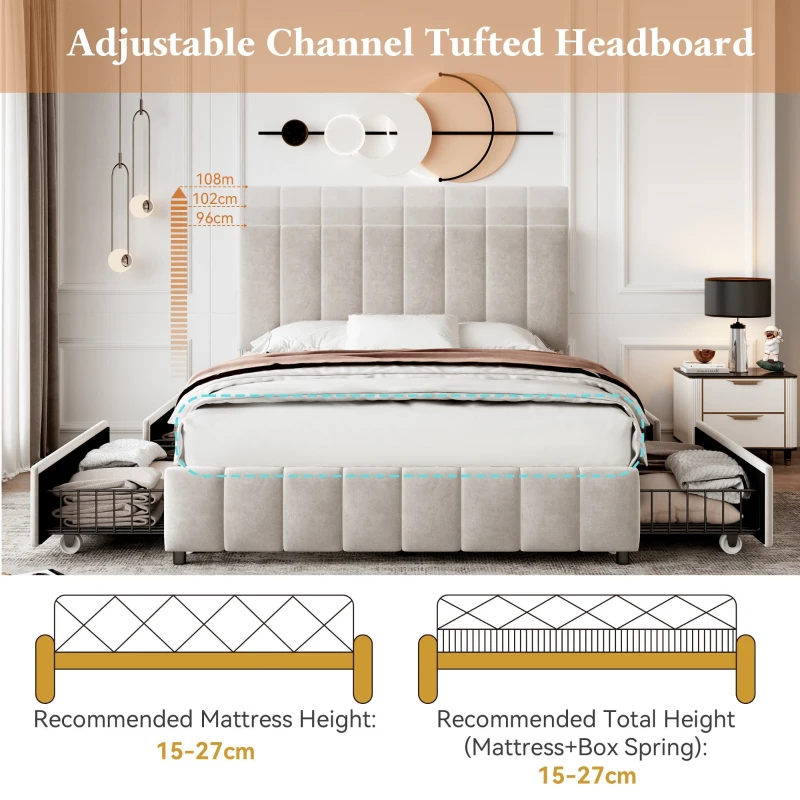 Velvet Double Upholstered Bed with 4 Storage Drawers and Adjustable Channel Tufted Headboard, Easy Assembly, 196L x 143W x 108H cm, Beige