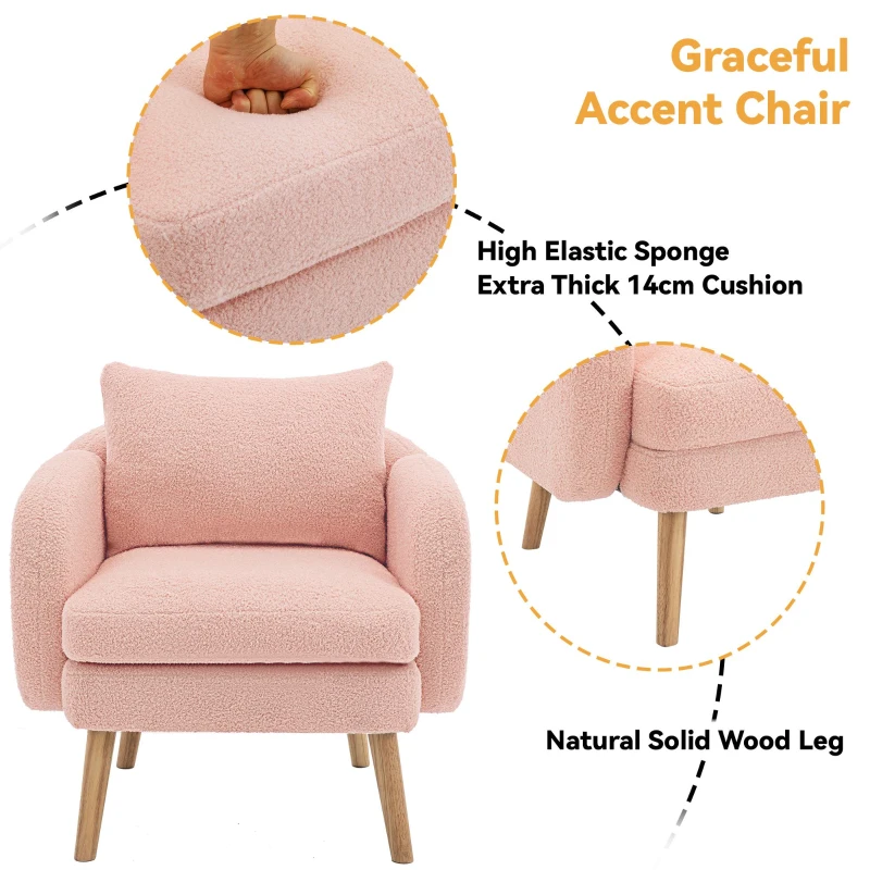 Teddy Velvet Armchair with Extra Thick Cushion, Solid Wood Legs, Modern Cozy Lounge Chair for Living Room, 72L x 71W x 79H cm, Pink