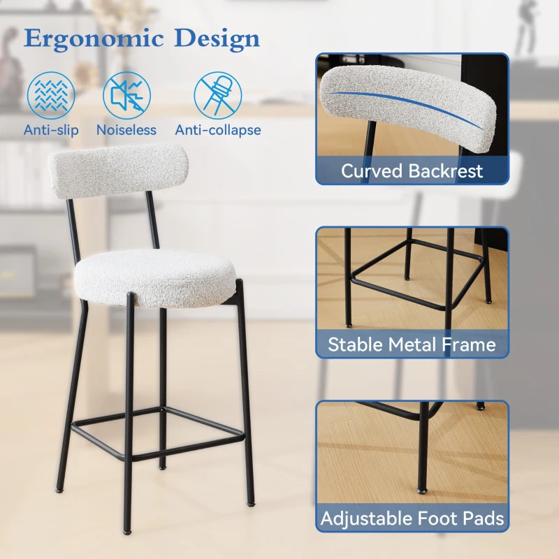 Set of 4 Upholstered Boucle Chairs with Curved Back and Steel Legs, Bar Stools for Kitchen, Dining Room, 41.5L x 48W x 92H cm, Cream White