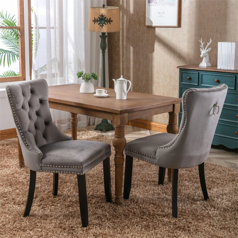 Modern Velvet Dining Chairs Set of 6 with Wooden Legs, Tufted Backrest, Accent Chairs for Dining Room, Living Room, 51L x 63.5W x 98H cm, Grey