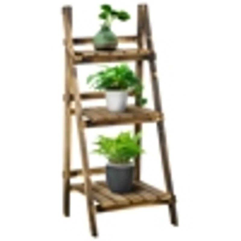 Outsunny Suport pentru Plante Pliabil, Jardinieră cu 3 Niveluri, Raft de Exterior pentru Plante, 40x37x93 cm, Lemn Natural