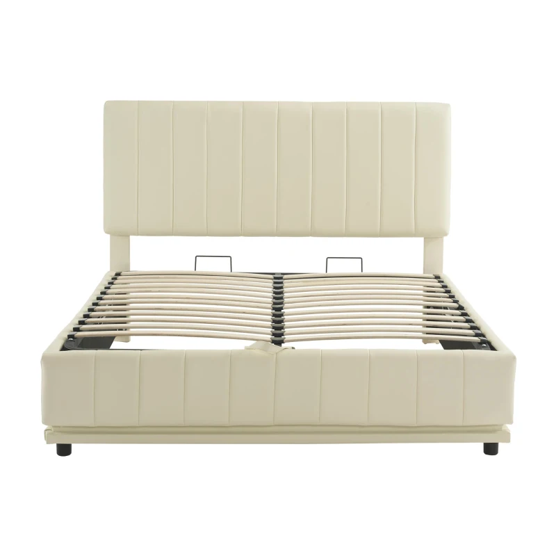 PU Leather Ottoman Bed Frame with LED Lighting, Hydraulic Storage and Channel Tufted Headboard, 201L x 147W x 114H cm, Beige