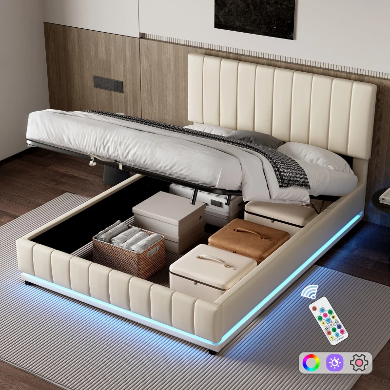 PU Leather Ottoman Bed Frame with LED Lighting, Hydraulic Storage and Channel Tufted Headboard, 201L x 147W x 114H cm, Beige
