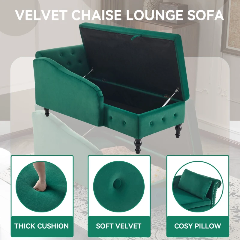 Velvet Upholstered Lounger Sofa with Storage, Pillow, Nailhead-Trim, Button-Tufted Lounge Chair, 144L x 62W x 69H cm, Green