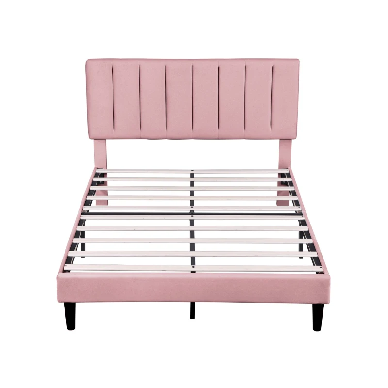 Double Upholstered Velvet Bedstead with Adjustable Tufted Headboard, Solid Wood Slats, Noise-Free Design, 194L x 140W x 110H cm, Pink