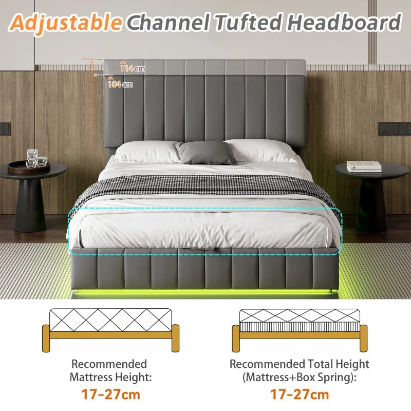 Upholstered Double Bed with Storage, LED Lighting, Channel Tufted Headboard, Modern PU Leather Ottoman Bed, 201L x 147W x 114H cm, Grey