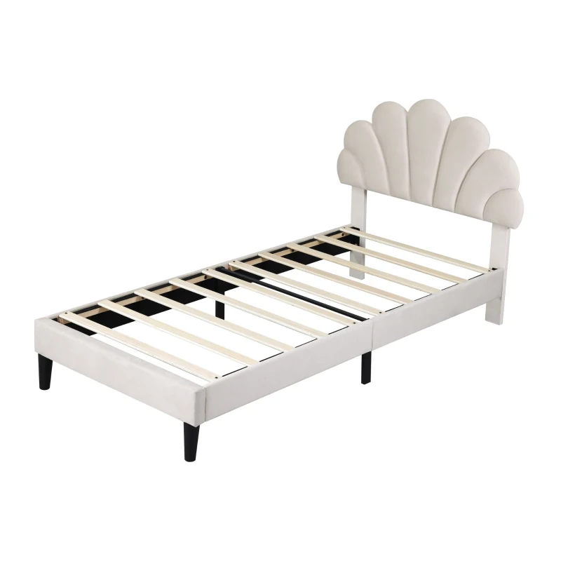 3FT Single Upholstered Velvet Bed Frame with Adjustable Petal Headboard, No Box Spring Needed, Easy Assembly, 194L x 107W x 107H cm, Beige