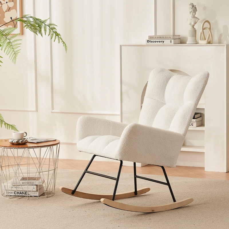 Fauteuil à bascule moderne avec dossier haut et accoudoirs, chaises confortables et uniques adaptées pour le salon, la chambre et les cours intérieures, Blanc