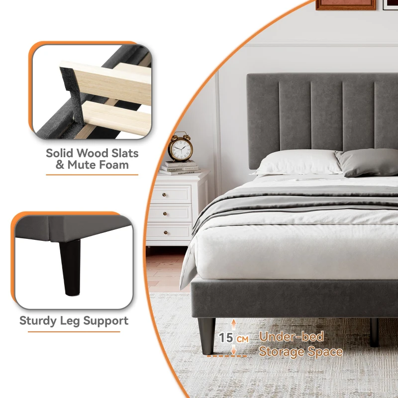 Headboard Adjustable Velvet Double Bed Base with Noise-Free Design, Double Wooden Bedframe for Bedroom, 194L x 140W x 110H cm, Grey