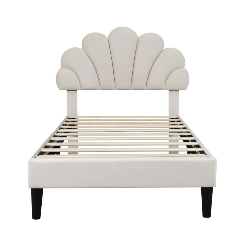 3FT Single Upholstered Velvet Bed Frame with Adjustable Petal Headboard, No Box Spring Needed, Easy Assembly, 194L x 107W x 107H cm, Beige