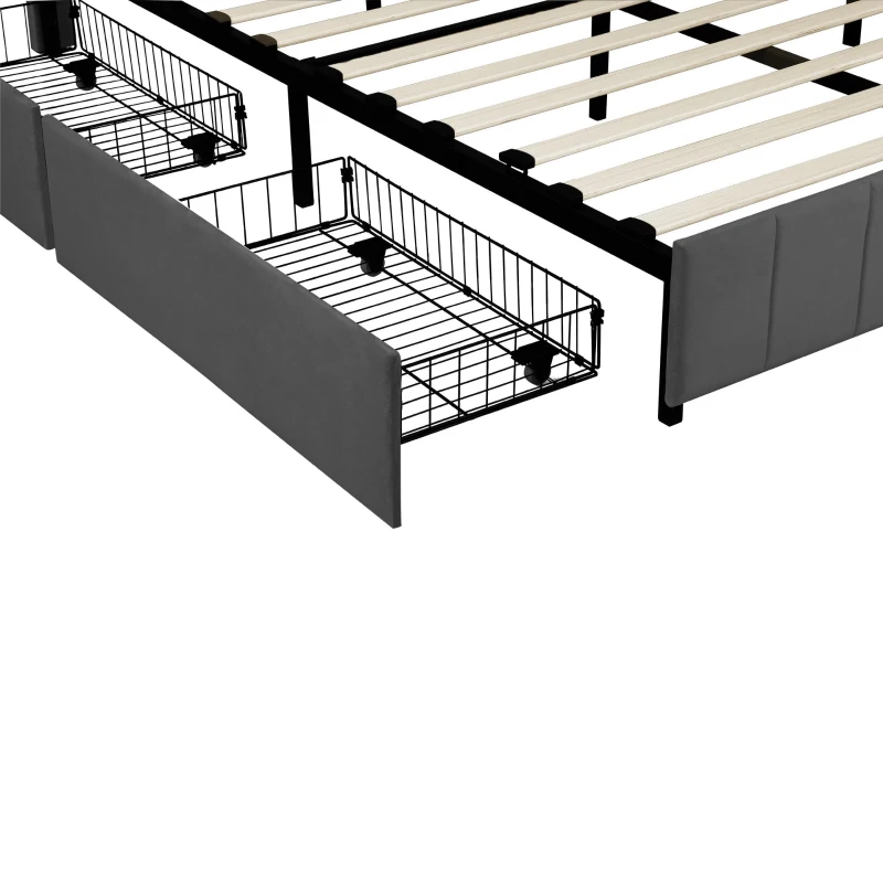 Velvet Double Upholstered Bed with 4 Storage Drawers and Adjustable Channel Tufted Headboard, Easy Assembly, 196L x 143W x 108H cm, Grey