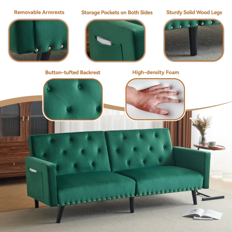 Adjustable Velvet 2-Seater Sofa Bed with Storage Pockets, Removable Armrests, Button-Tufted Recliner Couch, 191L x 85W x 80H cm, Green