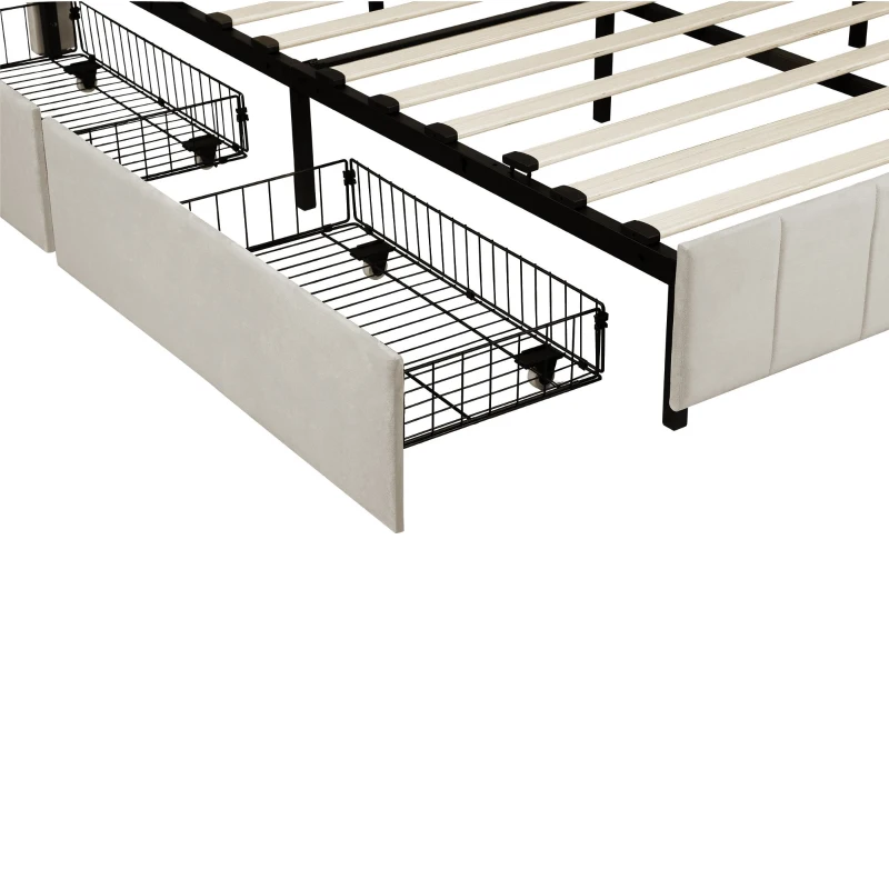 Velvet Double Upholstered Bed with 4 Storage Drawers and Adjustable Channel Tufted Headboard, Easy Assembly, 196L x 143W x 108H cm, Beige