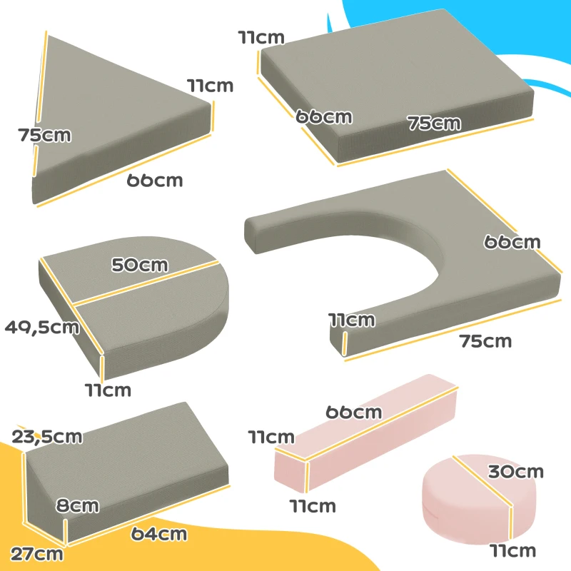 AIYAPLAY Modułowa sofa dla dzieci, 12 miękkich bloków w 6 kształtach, pokrowce do prania, szary/różowy