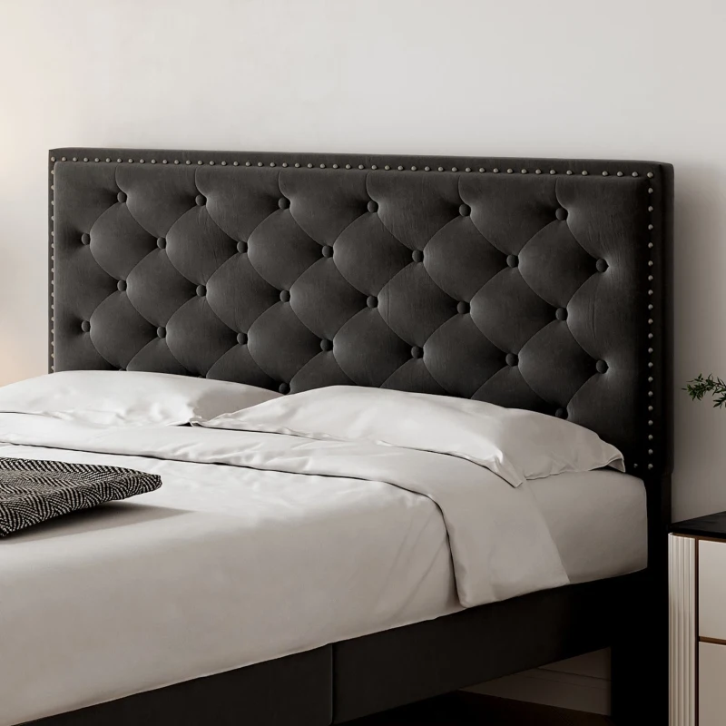 Upholstered Velvet Double Bed Base with Adjustable Wood Headboard, Solid Wood Slats, Easy Assembly, 193L x 141W x 110H cm, Black
