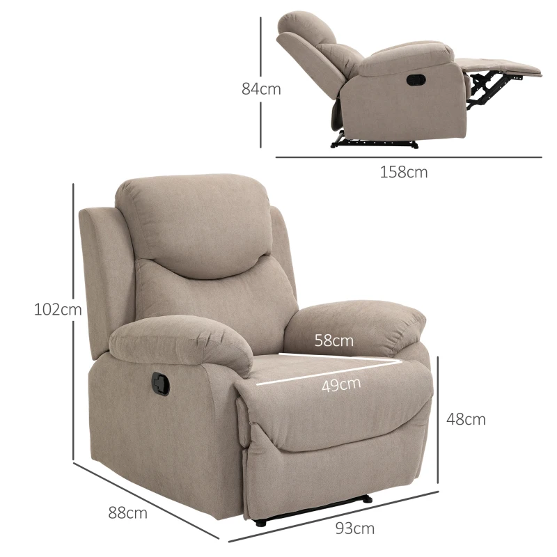 HOMCOM Fotoliu Ergonomic din Material Textil, Rabatabil până la 150° și Suport pentru Picioare pentru Casă și Birou, 93x88x102 cm, Bej