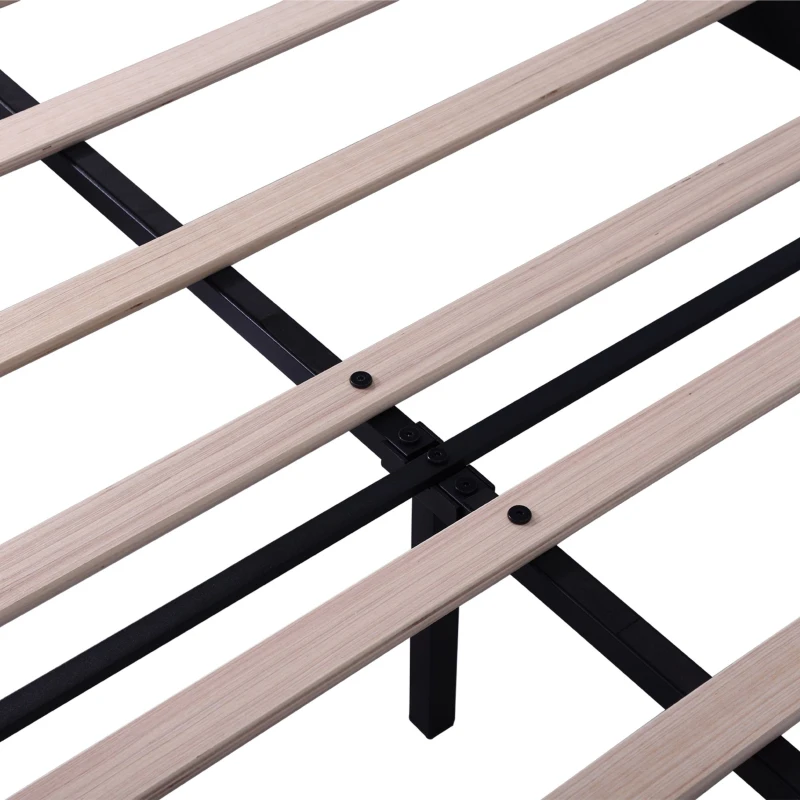 Upholstered Velvet Double Bed Base with Adjustable Wood Headboard, Solid Wood Slats, Easy Assembly, 193L x 141W x 110H cm, Black