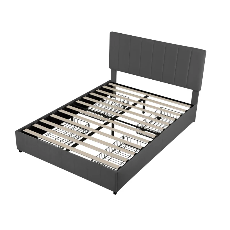 Velvet Double Upholstered Bed with 4 Storage Drawers and Adjustable Channel Tufted Headboard, Easy Assembly, 196L x 143W x 108H cm, Grey