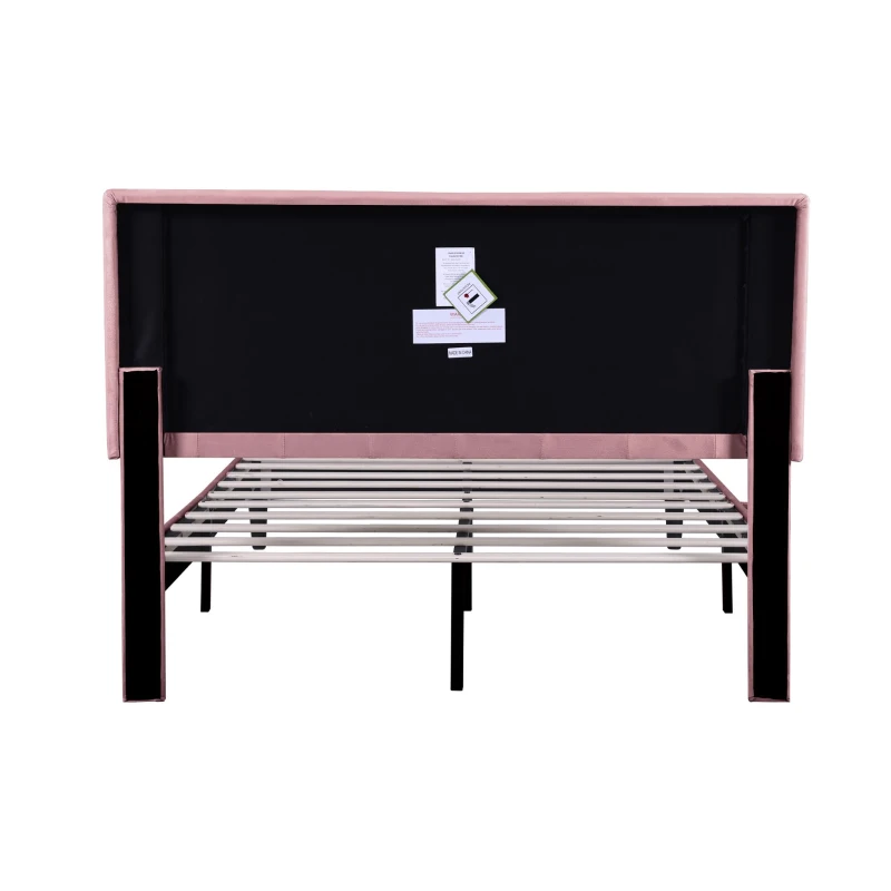 Double Upholstered Velvet Bedstead with Adjustable Tufted Headboard, Solid Wood Slats, Noise-Free Design, 194L x 140W x 110H cm, Pink