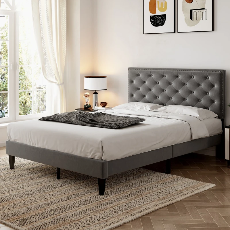 Upholstered Bed Frame with Adjustable Button-Tufted Headboard, Solid Wood Slats, Easy Assembly, 193L x 141W x 110H cm, Grey