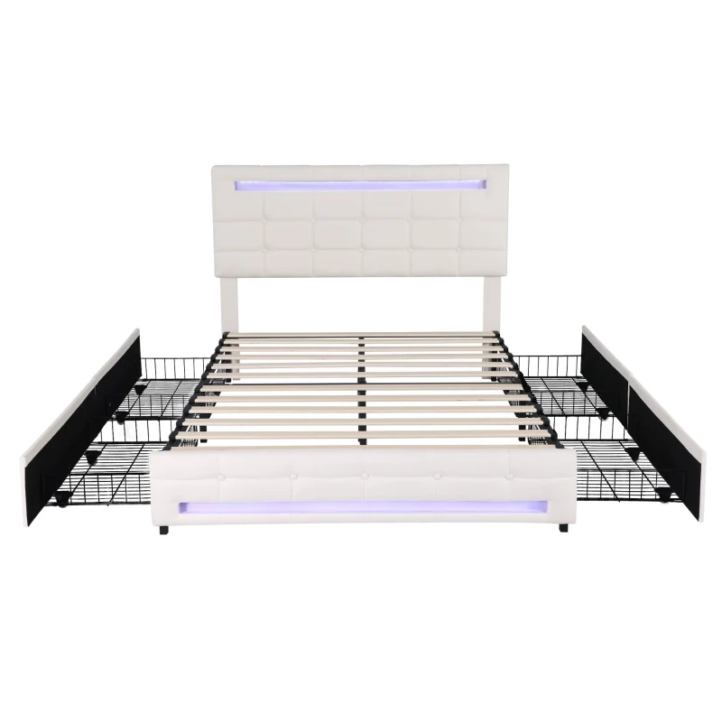 Double Bed Frame with Storage, Adjustable Headboard, Easy Assembly, 198.5L x 143W x 107.5H cm, Beige