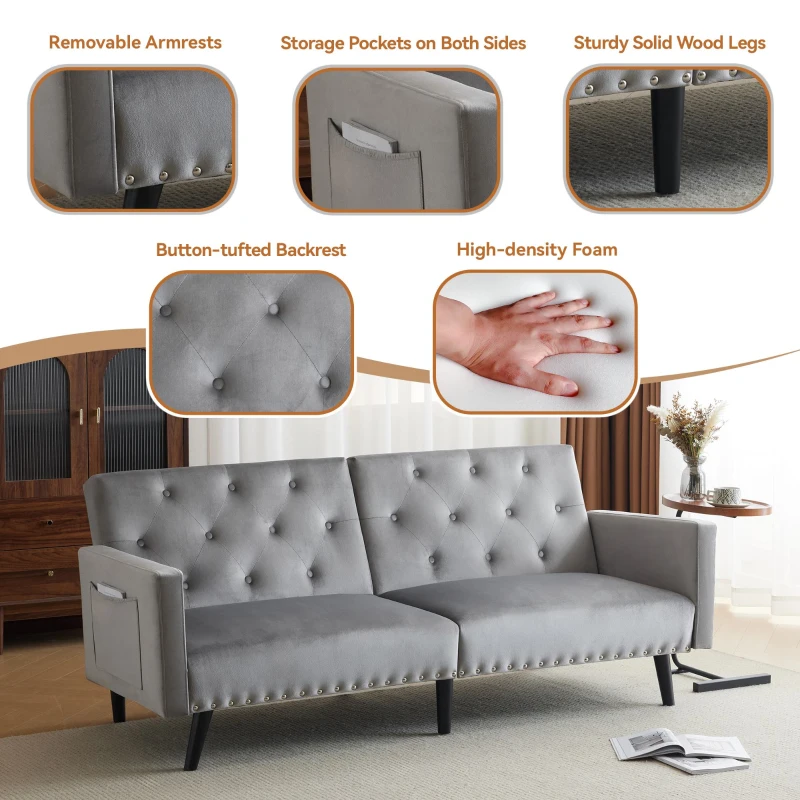 Adjustable Velvet Couch Bed with Storage Pockets, Removable Armrests, Button-Tufted 2 Seater Settee, 191L x 85W x 80H cm, Light Gray