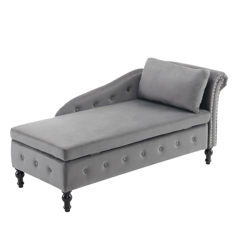 Luxious Designed Velvet Chaise Sofa Bed with Storage, Rectangle Cushion, Button-Tufted Lounge Chair for Bedroom, 144L x 62W x 69H cm, Grey