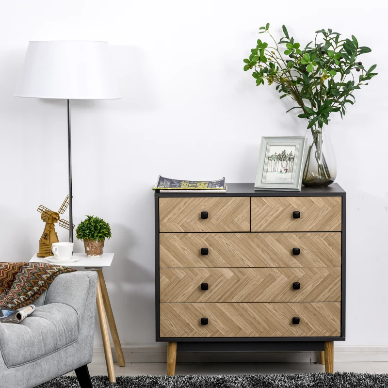 HOMCOM Noptiera din Lemn cu 5 Sertare, Picioare Ridicate din Pin, Gri Inchis