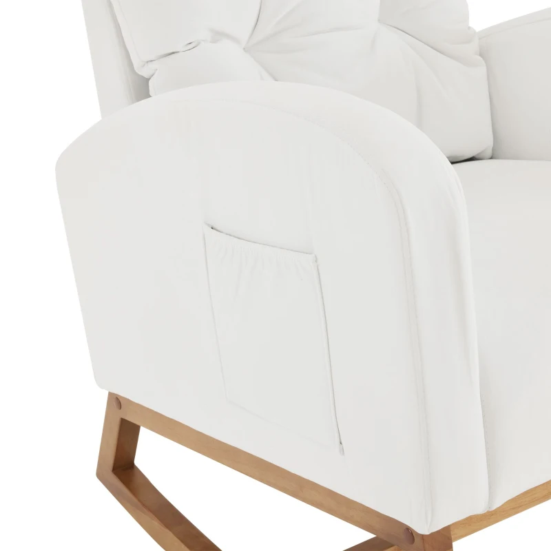 Fauteuil à bascule avec pieds en bois massif, fauteuil lounge pour salon, chambre et balcon, fauteuil rembourré avec mousse haute élasticité, 68,5 L x 88 l  x 101 Hcm, Blanc
