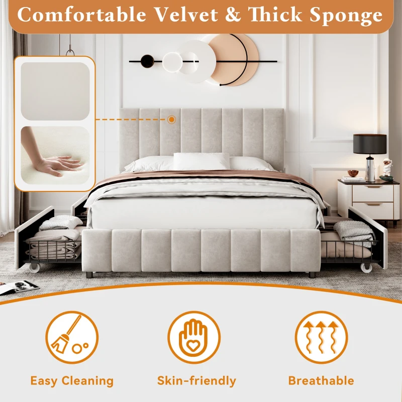 Velvet Double Upholstered Bed with 4 Storage Drawers and Adjustable Channel Tufted Headboard, Easy Assembly, 196L x 143W x 108H cm, Beige