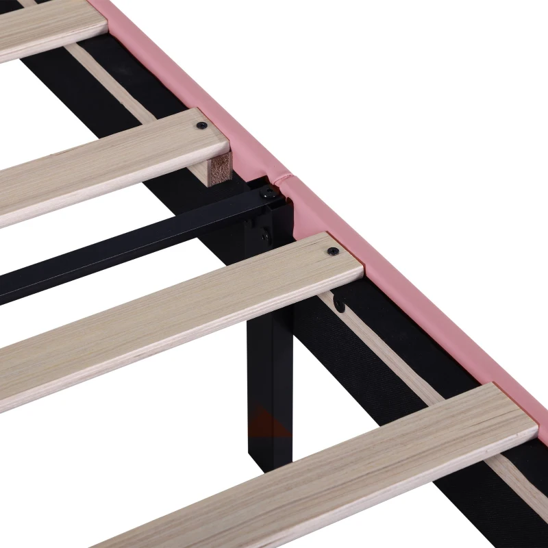 3FT Single Wood Bed with Adjustable Button-Tufted Headboard, Easy Assembly, Upholstered Bed for Kids, 199.5L x 92.0W x 109.5H cm, Beige+Pink