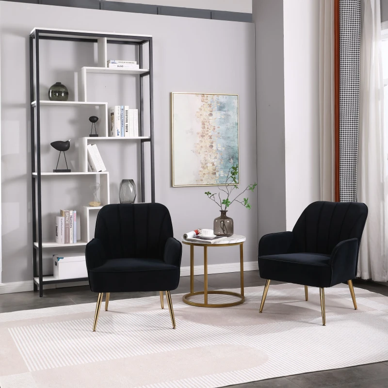 Freizeitstuhl mit Bezug in Samtoptik im 2er-Set, Ergonomisches Design, 64x72,8x77,9 cm, Schwarz