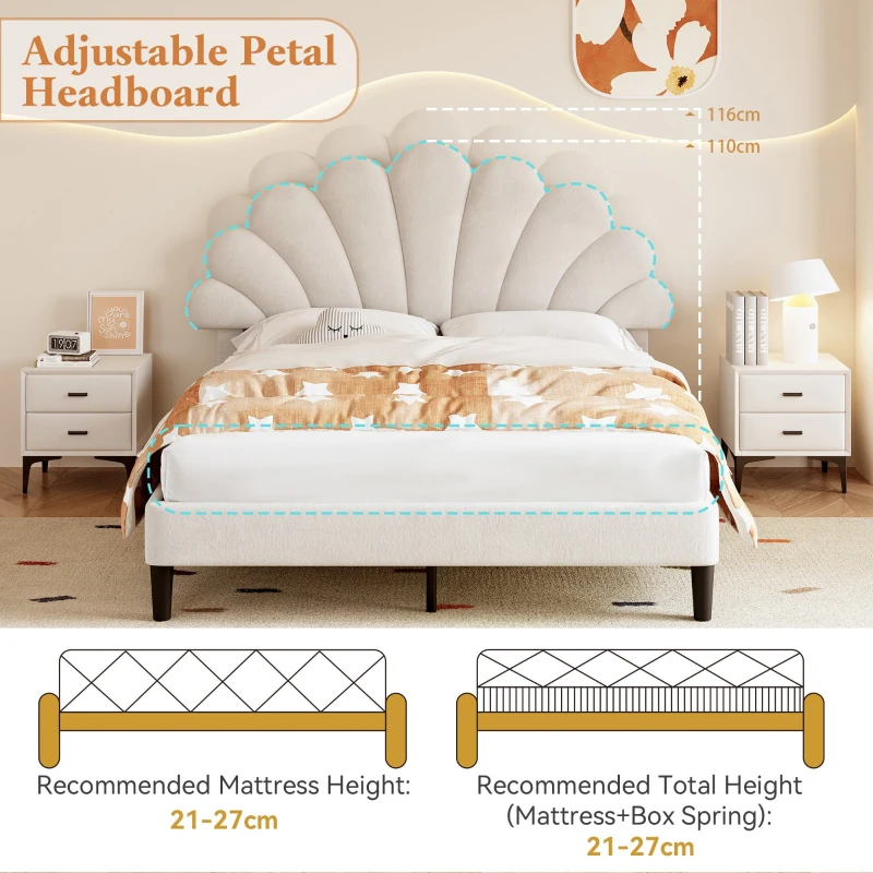 Double Upholstered Velvet Bed Frame with Adjustable Petal Headboard, Solid Wood Slat, No Box Spring Needed, Easy Assembly, Beige