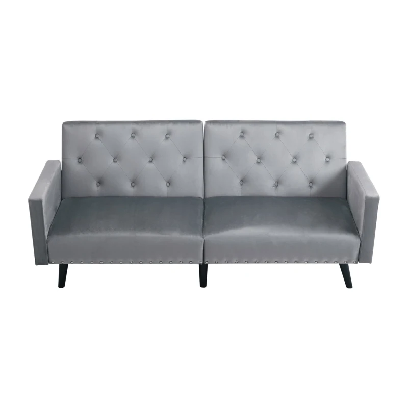 Adjustable Velvet Couch Bed with Storage Pockets, Removable Armrests, Button-Tufted 2 Seater Settee, 191L x 85W x 80H cm, Light Gray